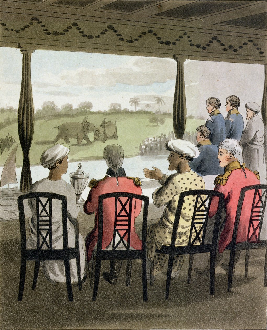 Marquis Wellesley ja hänen sviittinsä Nabob of Ouden aamiaispöydässä katselemassa norsutaistelua, levy 20 elokuvasta "The European in India", julkaistu 1813 (käsinvärinen akvatinta) tekijältä Charles d Oyly