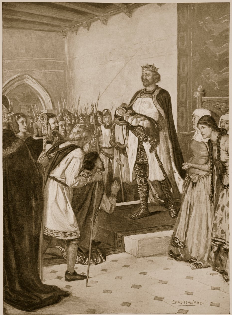 Kuningas Edward I esittelee pienen poikansa Edwardin Walesin päälliköille Carnarvonin linnassa Walesin prinssinä tekijältä Charles Daniel Ward