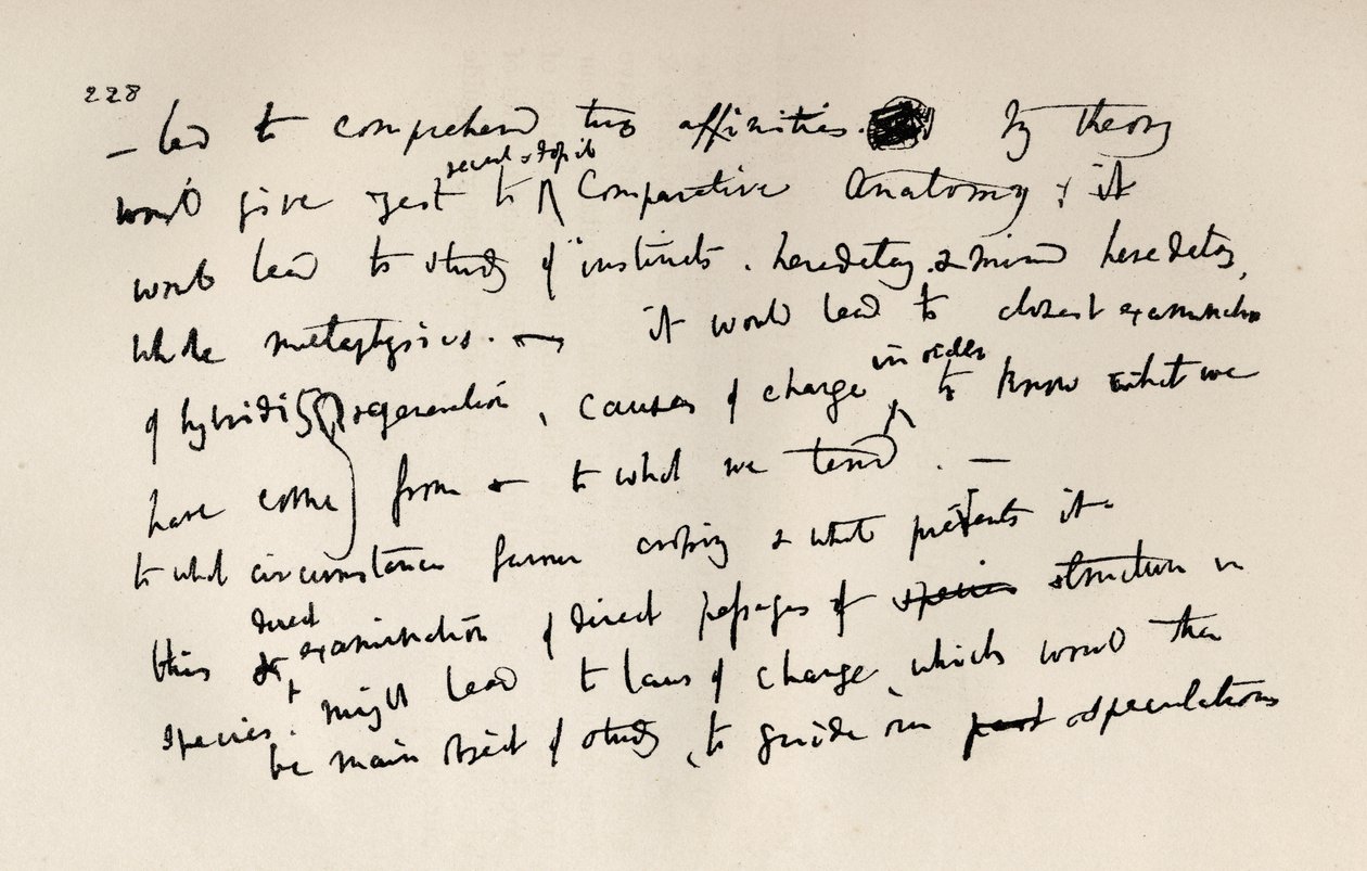 Sivu Darwin-muistikirjasta vuodelta 1837, Charles Darwinin elämä ja kirjeet, osa II, julkaistu vuonna 1887 tekijältä Charles Darwin