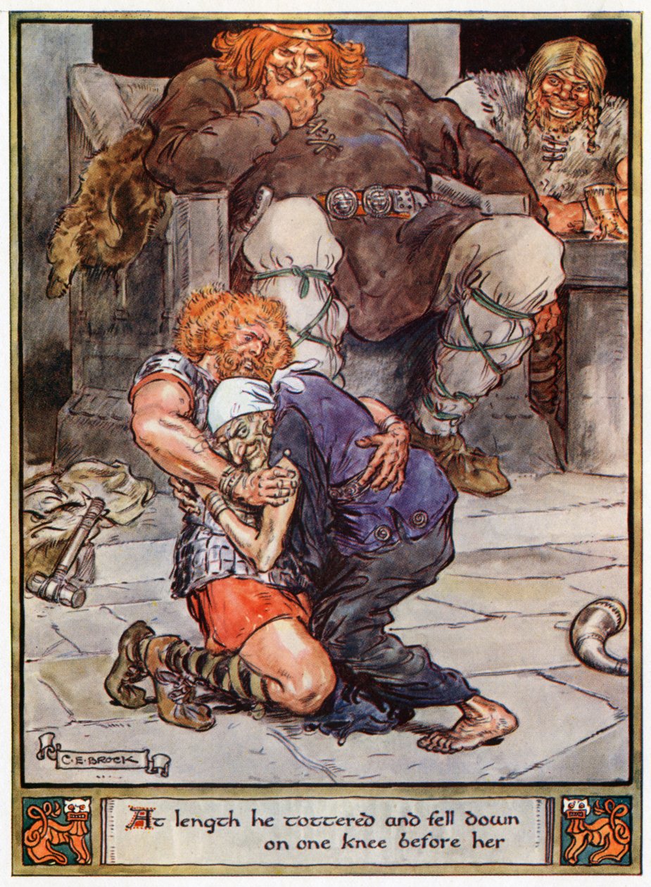 "Pitkäksi hän horjui ja kaatui polvilleen hänen edessään", kuvitus teoksesta "Asgardin sankarit, Tales from Scandinavian Mythology", kirjoittanut A und E Keary, 1930 tekijältä Charles Edmund Brock