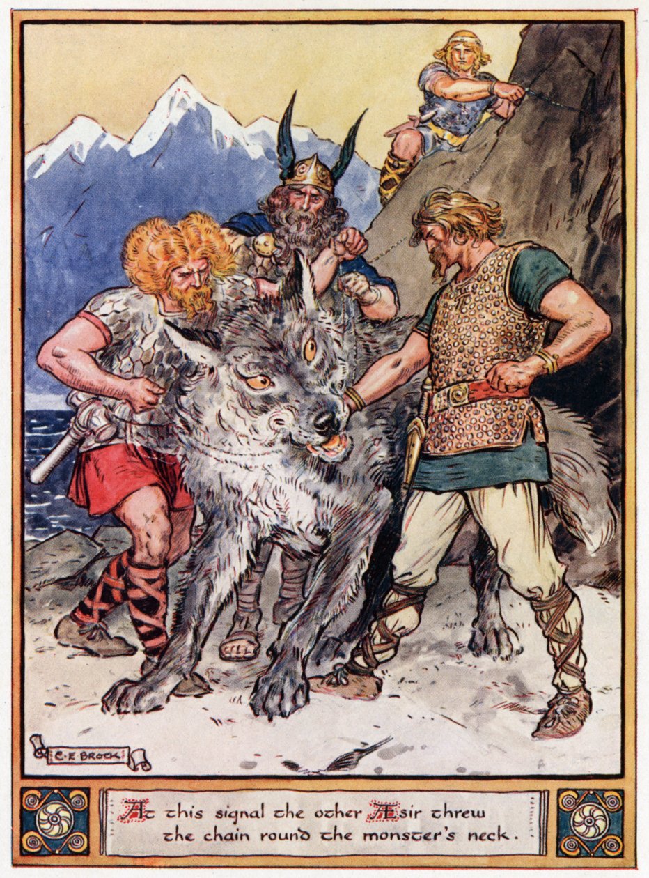 "Tästä signaalista toinen Aesir heitti ketjun hirviön kaulan ympärille", kuvitus teoksesta "Asgardin sankarit, tarinoita skandinavian mytologiasta", kirjoittanut A und E Keary, 1930 tekijältä Charles Edmund Brock