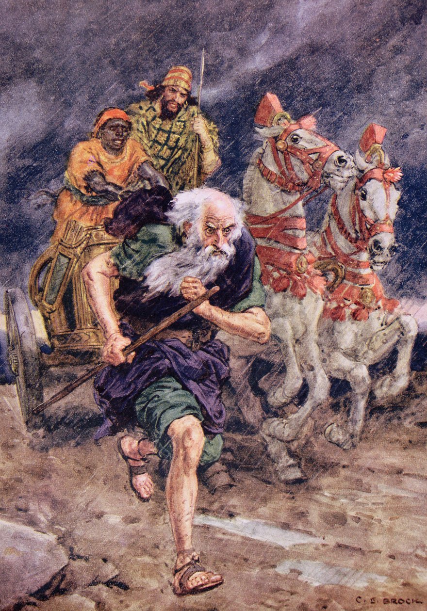 "Elias kiristi vyönsä ja juoksi koko matkan vaunujen edessä" -kuva, "Through the Bible" Vintage Publishing, 1928 tekijältä Charles Edmund Brock