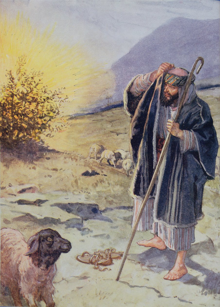 "Pelko kasvoi Mooseksen sydämessä", kuvitus teoksesta "Through the Bible", Venture Publishing, 1928 tekijältä Charles Edmund Brock