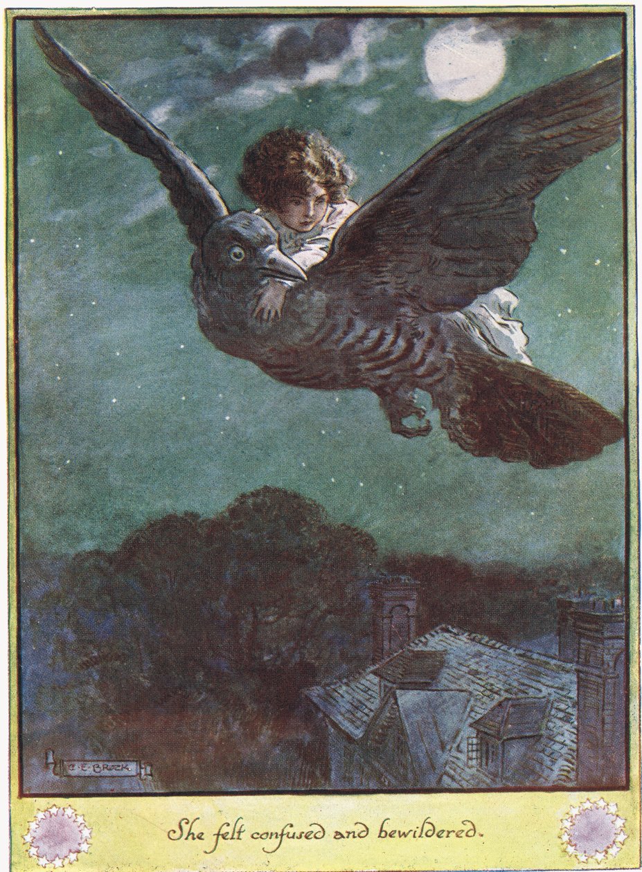 Flight on the Bird, kuvitus rouva Molesworthin The Cuckoo Clockista, julkaissut Macmillan vuonna 1930 tekijältä Charles Edmund Brock