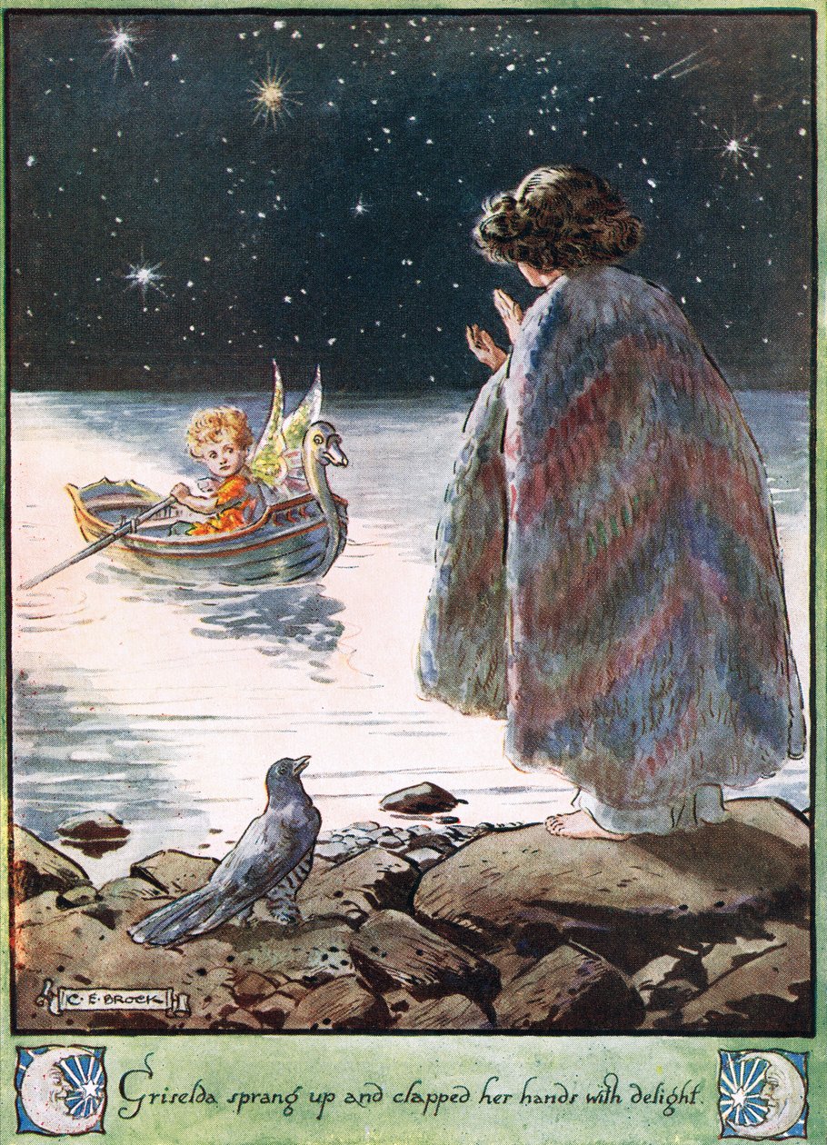 Griselda ponnahti ylös ja taputti käsiään ilosta, kuvitus rouva Molesworthin teoksesta "The Cuckoo Clock", jonka Macmillan julkaisi vuonna 1930. tekijältä Charles Edmund Brock