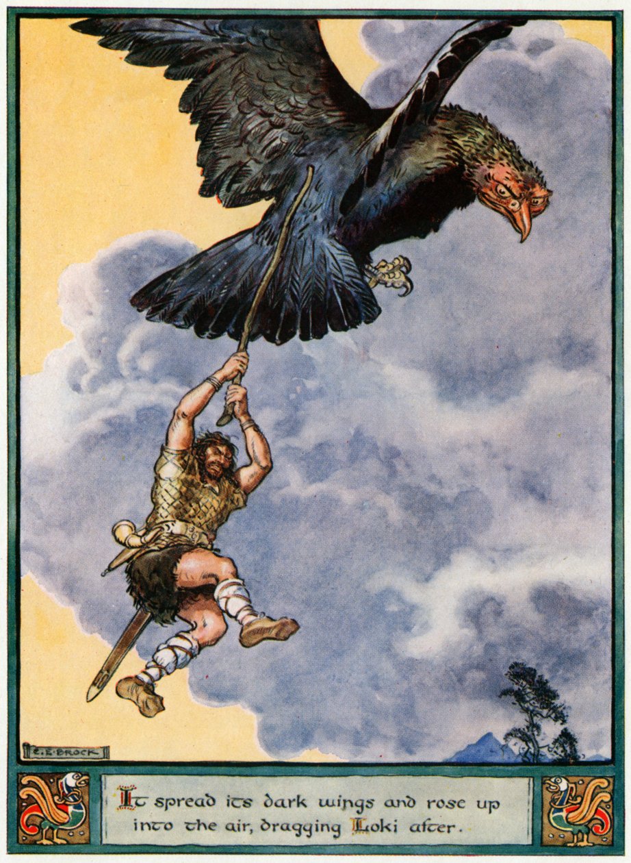 "Se levitti tummat siipensä ja nousi ilmaan, raahaten Lokia perässä", kuva "Asgardin sankarit, tarinoita skandinavian mytologiasta", kirjoittanut A und E Keary, 1930 tekijältä Charles Edmund Brock