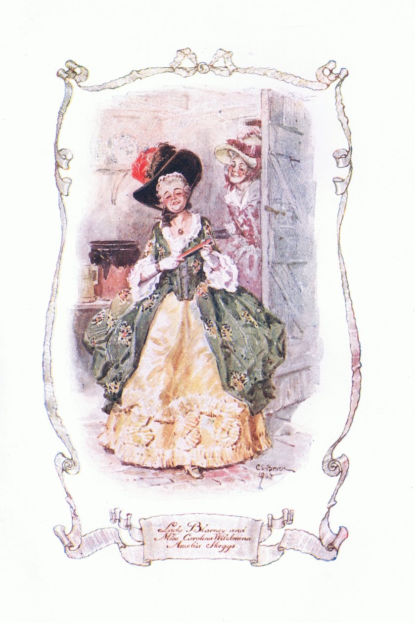 Lady Blarney ja neiti Carolina Wilhelmina ja Amelia Skeggs, J M Dent & Son Ltd:n julkaisemasta The Vicar of Wakefieldistä, 1920-luku. tekijältä Charles Edmund Brock