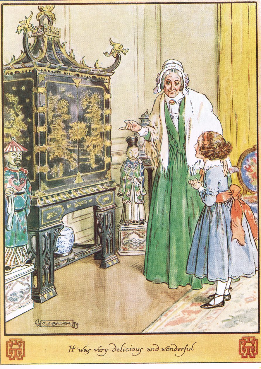 The Chinese Chest, kuvitus rouva Molesworthin The Cuckoo Clockista, julkaissut Macmillan vuonna 1930 tekijältä Charles Edmund Brock