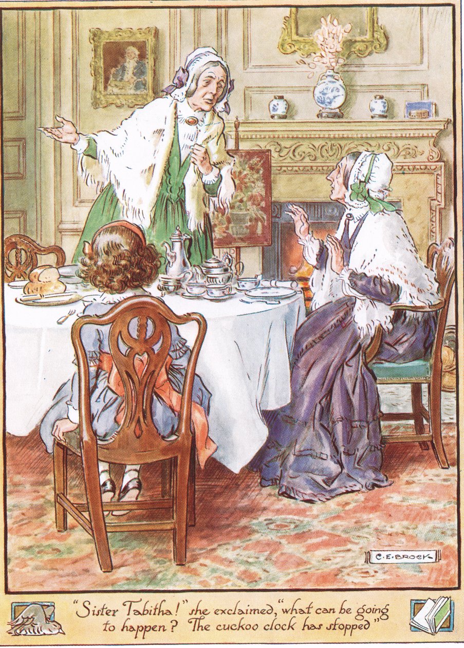 Käkikello on pysähtynyt, kuvitus rouva Molesworthin teoksesta "The Cuckoo Clock", jonka Macmillan julkaisi vuonna 1930 tekijältä Charles Edmund Brock