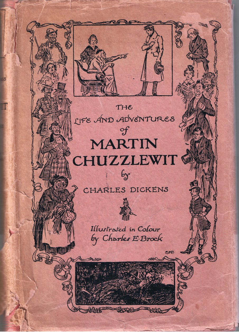 Charles Dickensin kirjoittama Martin Chuzzlewitin elämä ja seikkailut, etukansi tekijältä Charles Edmund Brock