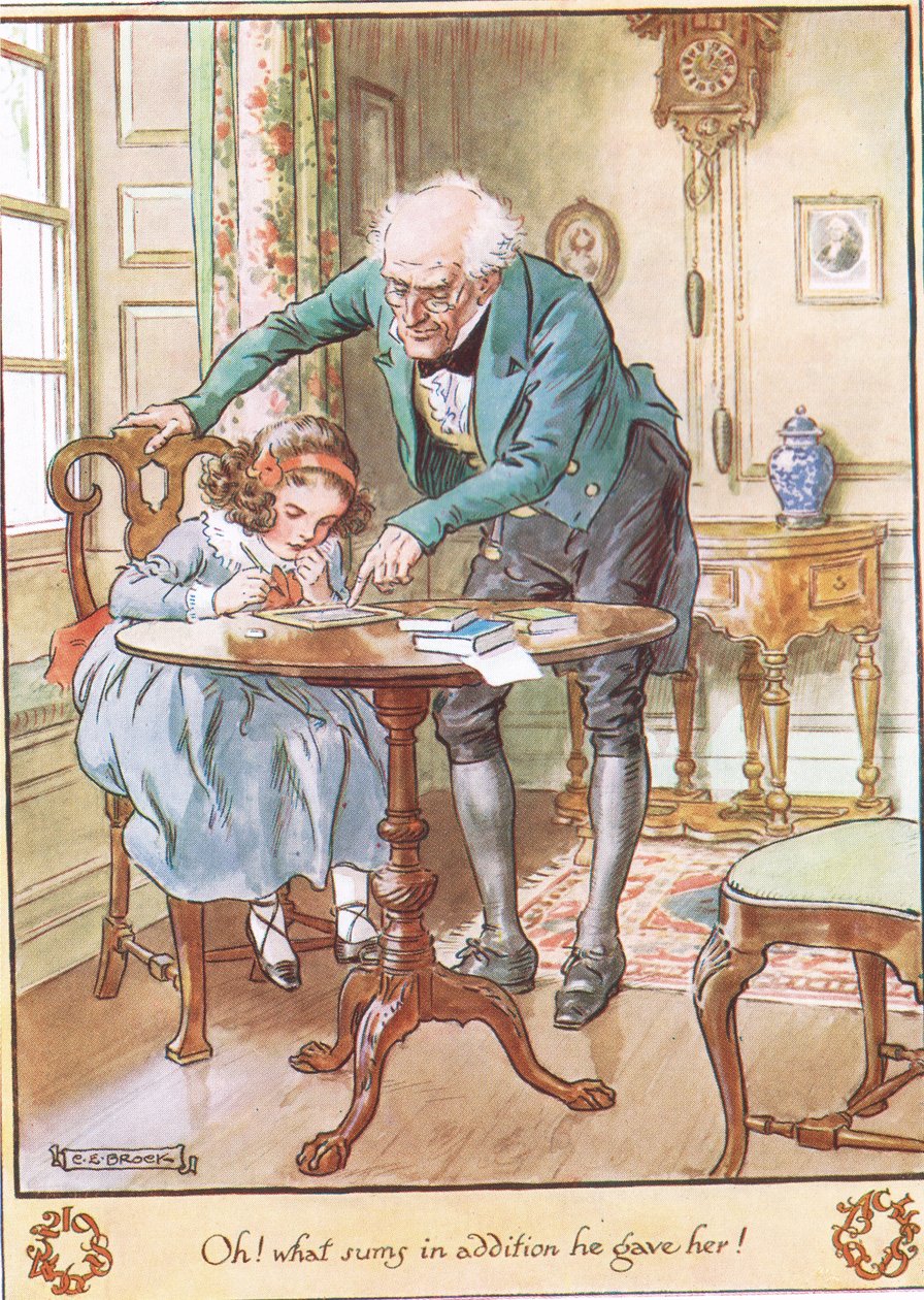 The Maths Lesson, kuvitus rouva Molesworthin teoksesta "Käkikello", julkaissut Macmillan vuonna 1930 tekijältä Charles Edmund Brock