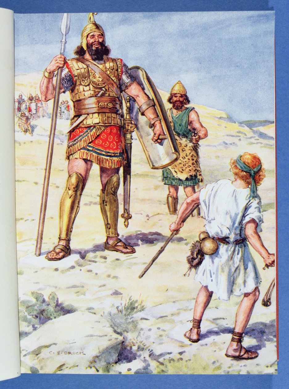 "Filistealainen nousi ja tuli ja lähestyi tapaamaan Daavidia", kuvitus julkaisusta "Through the Bible", Venture Publishing, 1928 tekijältä Charles Edmund Brock