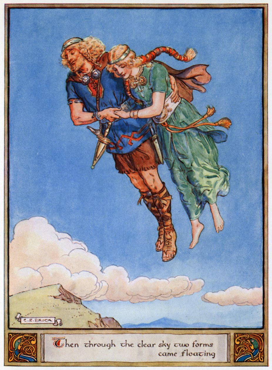 "Sitten kirkkaalta taivaalta leijui kaksi muotoa", kuvitus teoksesta "Asgardin sankarit, Tales from Scandinavian Mythology", A und E Keary, 1930 tekijältä Charles Edmund Brock