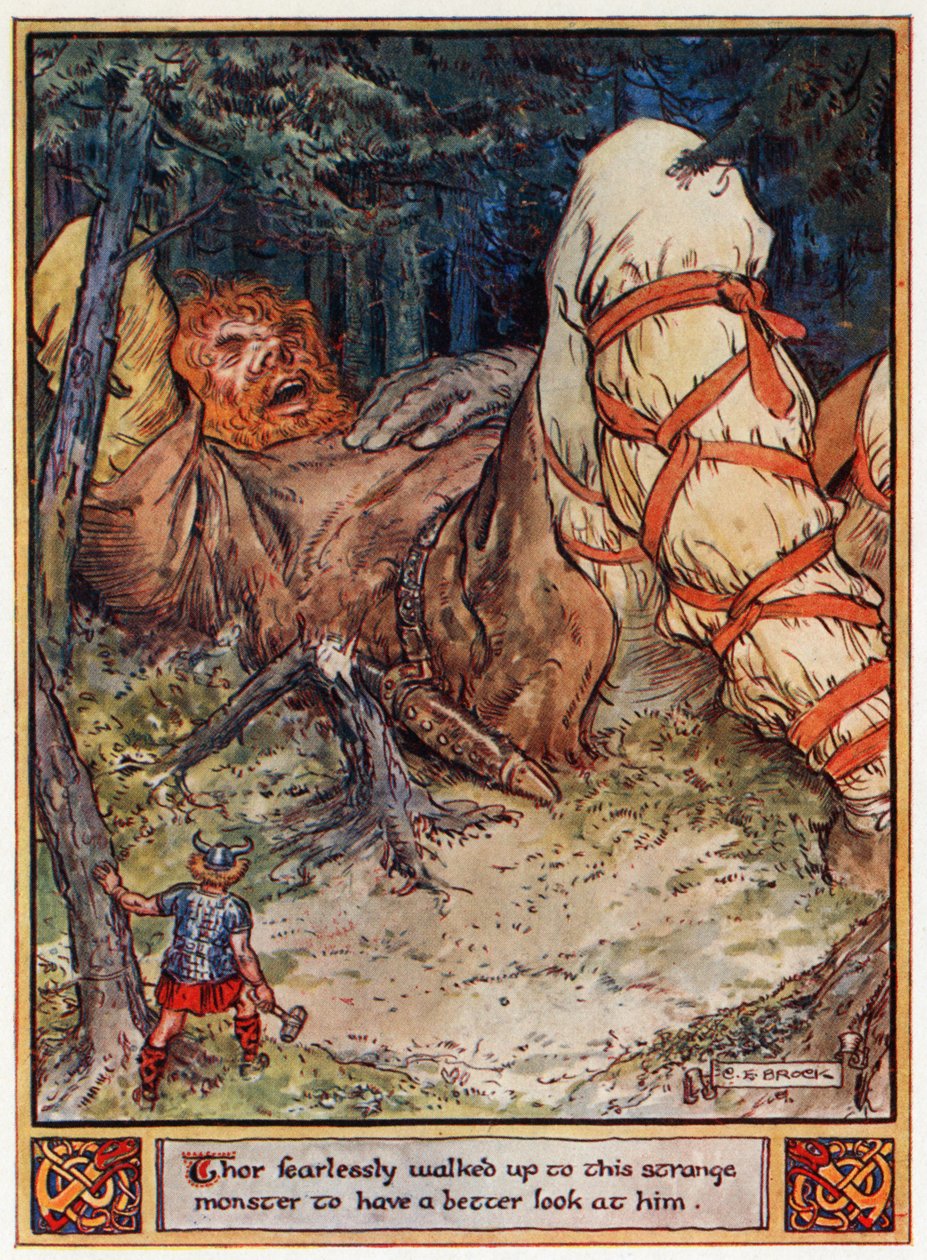 "Thor käveli pelottomasti tämän oudon hirviön luo katsoakseen häntä paremmin", kuva "Asgardin sankarit, tarinoita skandinavian mytologiasta", kirjoittanut A und E Keary, 1930 tekijältä Charles Edmund Brock