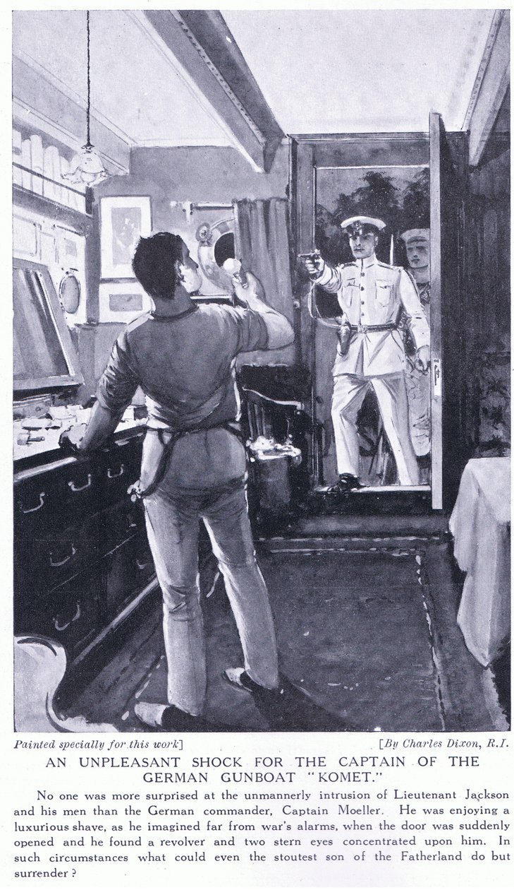 Epämiellyttävä shokki saksalaisen tykkiveneen Kometin kapteenille lokakuu 1914 tekijältä Charles Edward Dixon