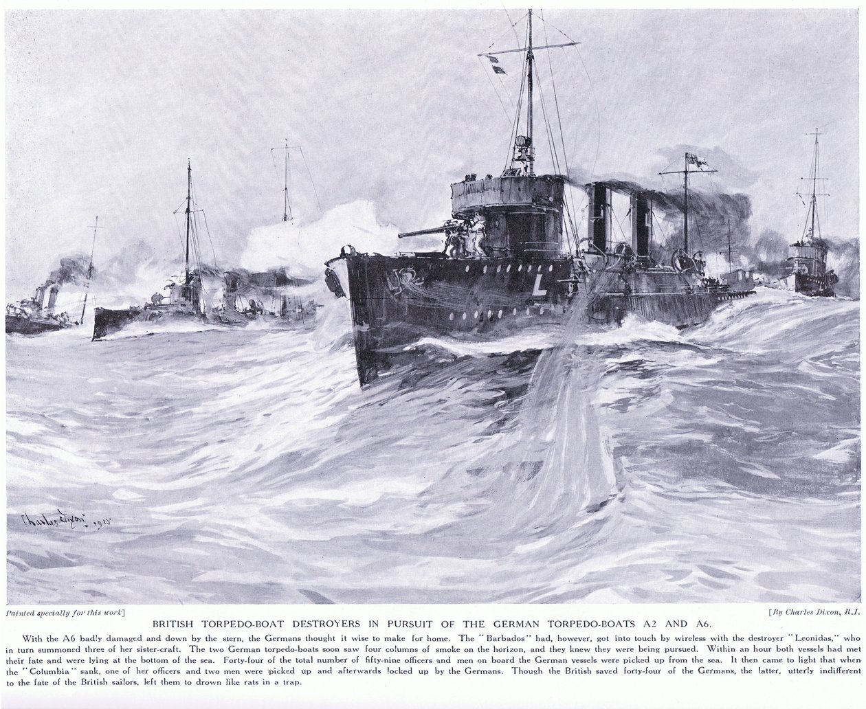 Brittiläiset torpedovenehävittäjät jahtaamassa saksalaisia torpedoveneitä A2 ja A6 marraskuu 1914 tekijältä Charles Edward Dixon