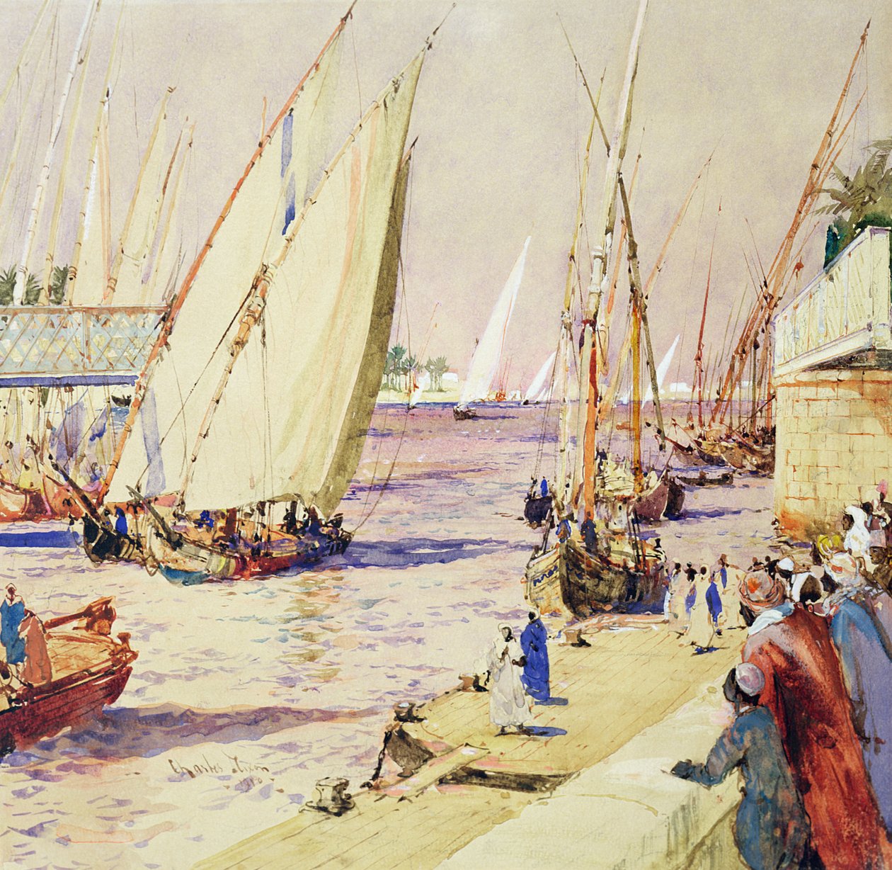 Feluccas on the Trading Route, 1910 (kynä ja muste ja wc paperilla) tekijältä Charles Edward Dixon