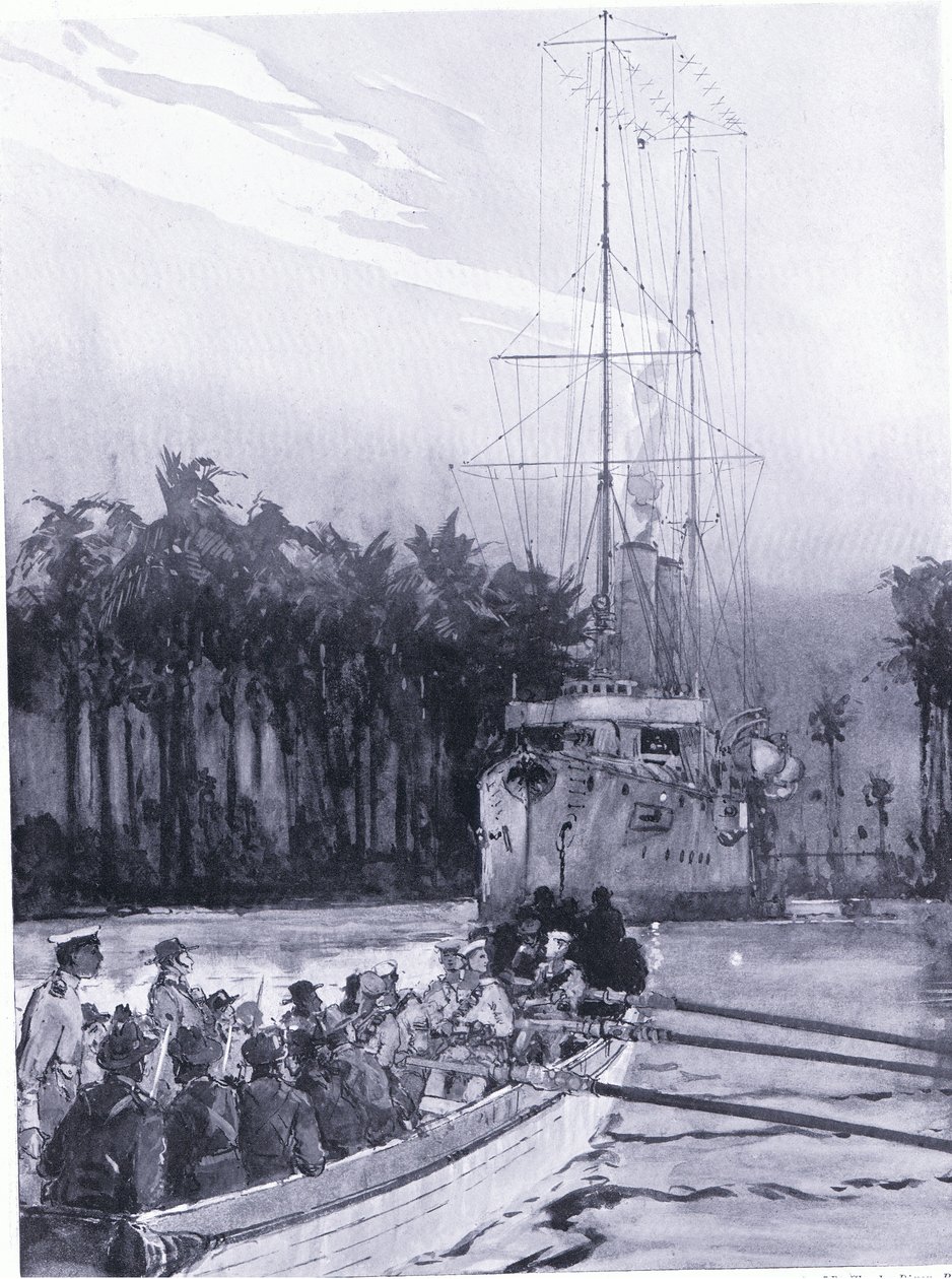 Luutnantti J M Jacksonin yllätys vangitsee saksalaisen tykkiveneen Kometin Uuden-Guinean rannikolla tekijältä Charles Edward Dixon