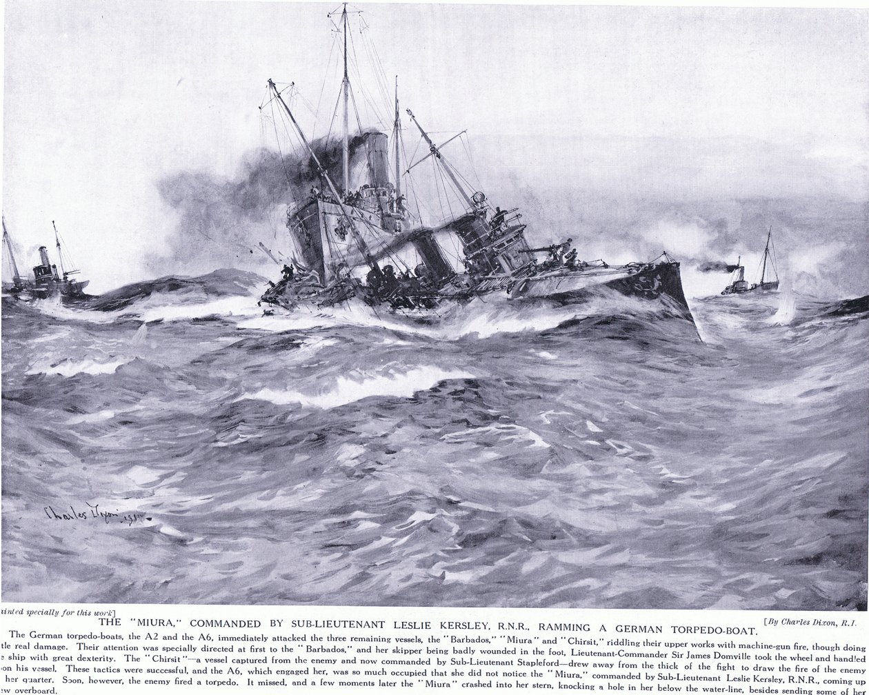 Aliluutnantti Lesley Kelsey RNR:n komentaja Miura, joka ramppaa saksalaista torpedovenettä, lokakuu 1914 tekijältä Charles Edward Dixon