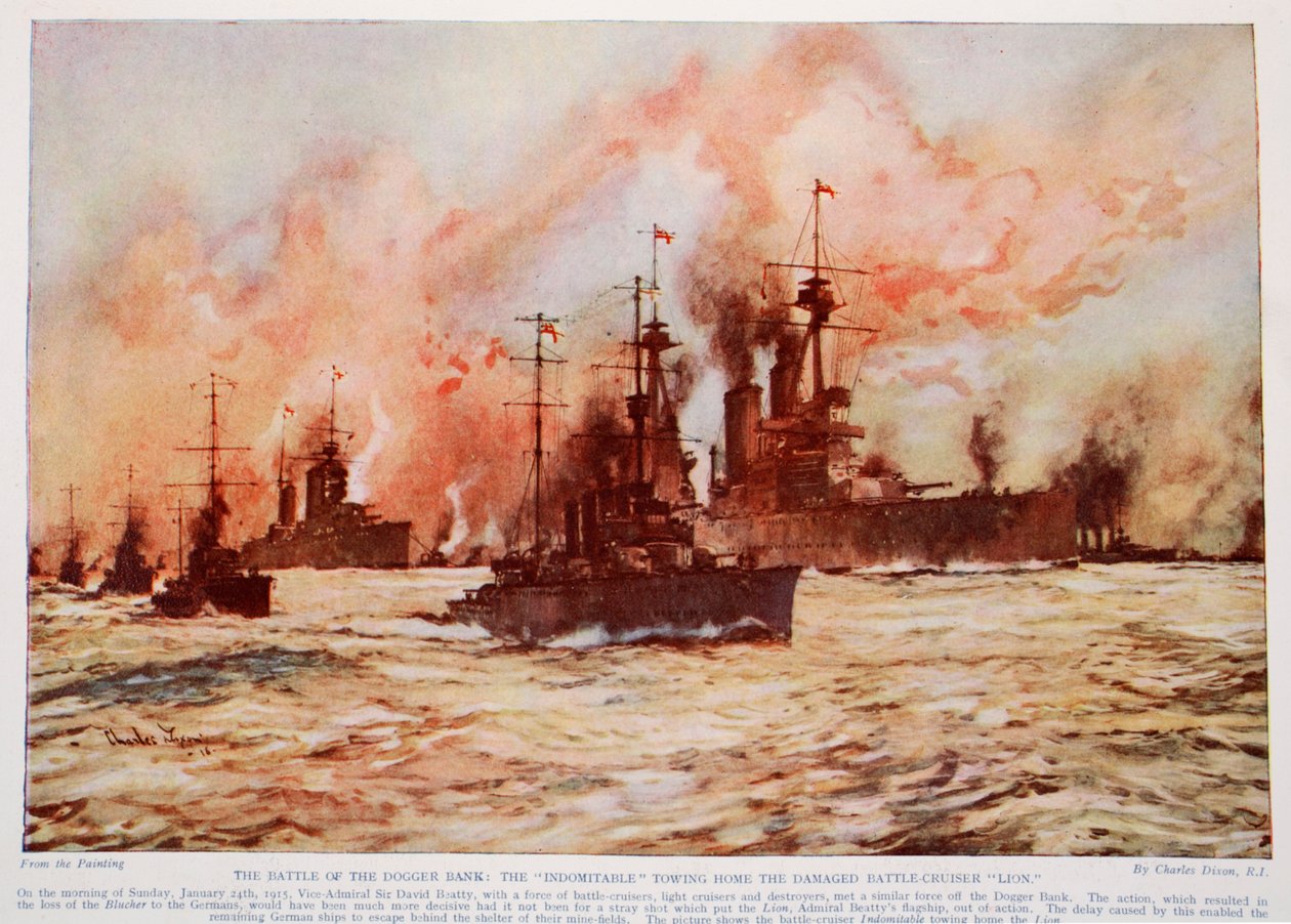 The Battle of the Dogger Bank: "Indomitable" hinaa kotiin vaurioituneen taisteluristeilijän "Lion", 24. tammikuuta 1915, kuvitus teoksesta "Hutchinson