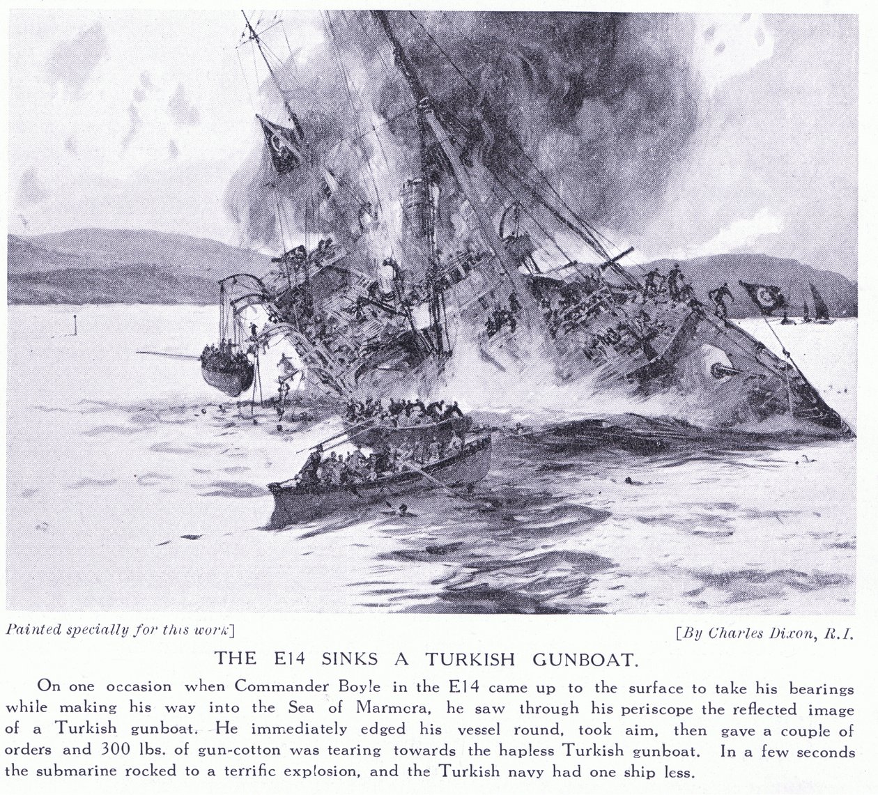 E14 upottaa turkkilaisen tykkiveneen Marmoranmerellä 1915. tekijältä Charles Edward Dixon