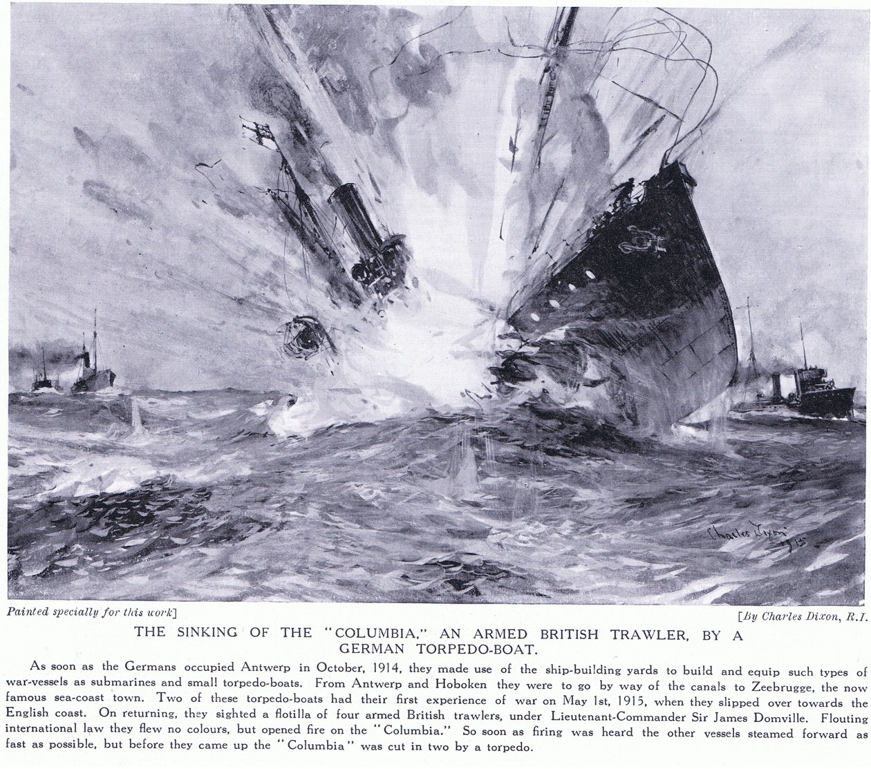 Aseistetun brittitroolarin Columbia uppoaminen saksalaisen torpedoveneen toimesta Englannin rannikolla lokakuussa 1914 tekijältä Charles Edward Dixon