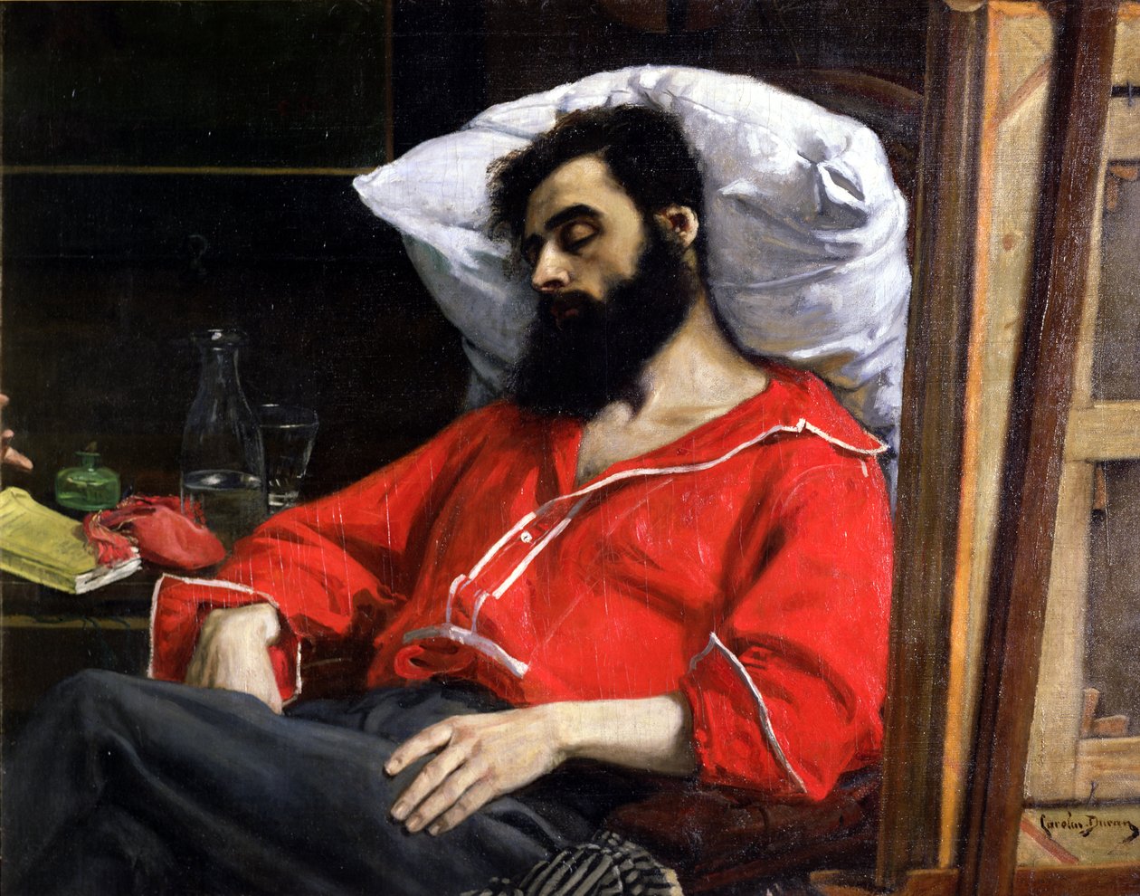 The Convalescent tai The Wounded Man, taiteilijan leikkaama yksityiskohta The Visit to the Convalescent -sarjasta, n. 1860 tekijältä Charles Emile Auguste Carolus Duran