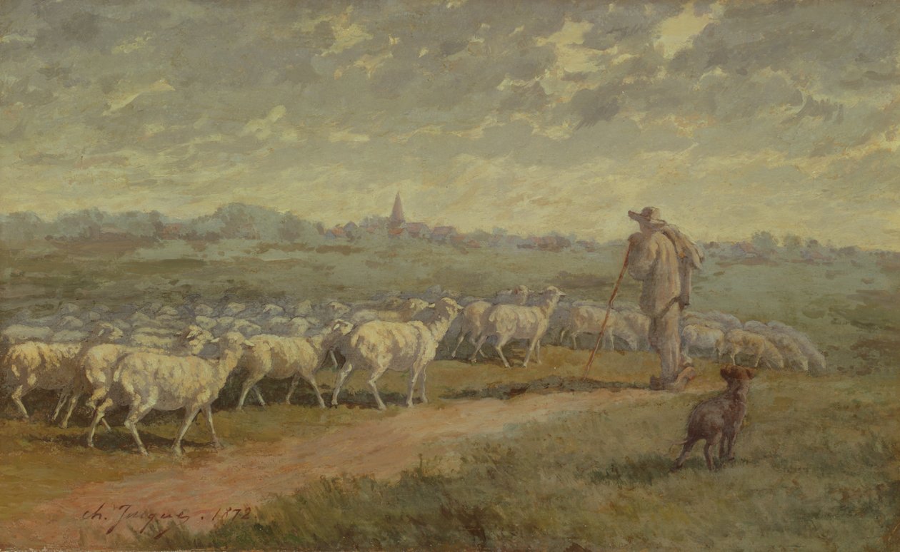 Maisema lammaslauman kanssa, 1872 tekijältä Charles Emile Jacque