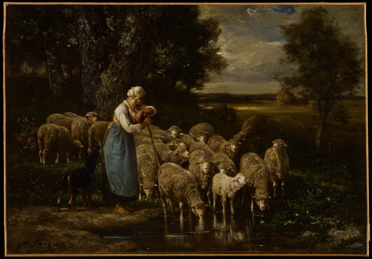 Paimentolaisnainen ja lampaat, Fontainebleau tekijältä Charles Emile Jacque