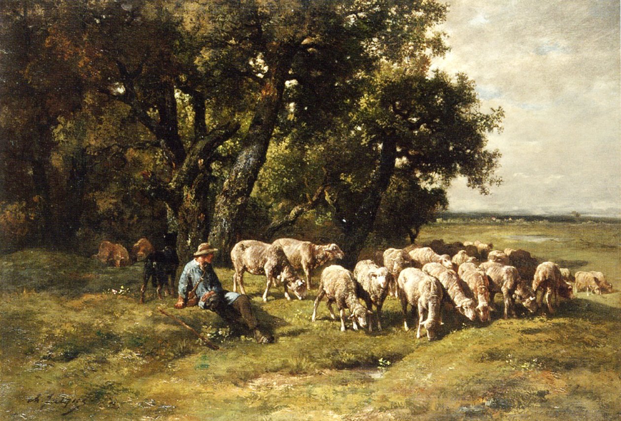 Paimen ja hänen laumansa öljy kankaalle tekijältä Charles Emile Jacques