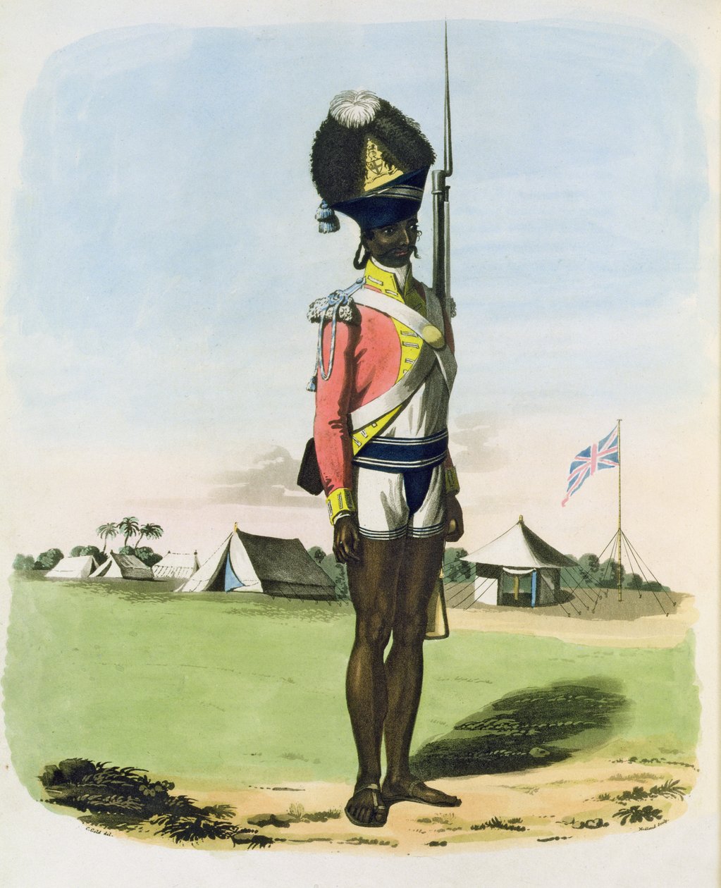 Bombay-pataljoonan Naigue, levy 28 Oriental Drawingsista, kaiverrus Thomas Medlandin (1755-1823) pubista. 1806 (akvatinta) tekijältä Charles Emilius Gold