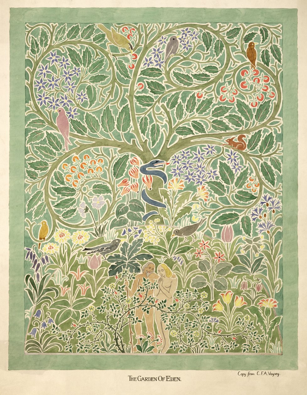 "Adam and Eve" -design (wc ja kynä paperille) tekijältä Charles Francis Annesley Voysey