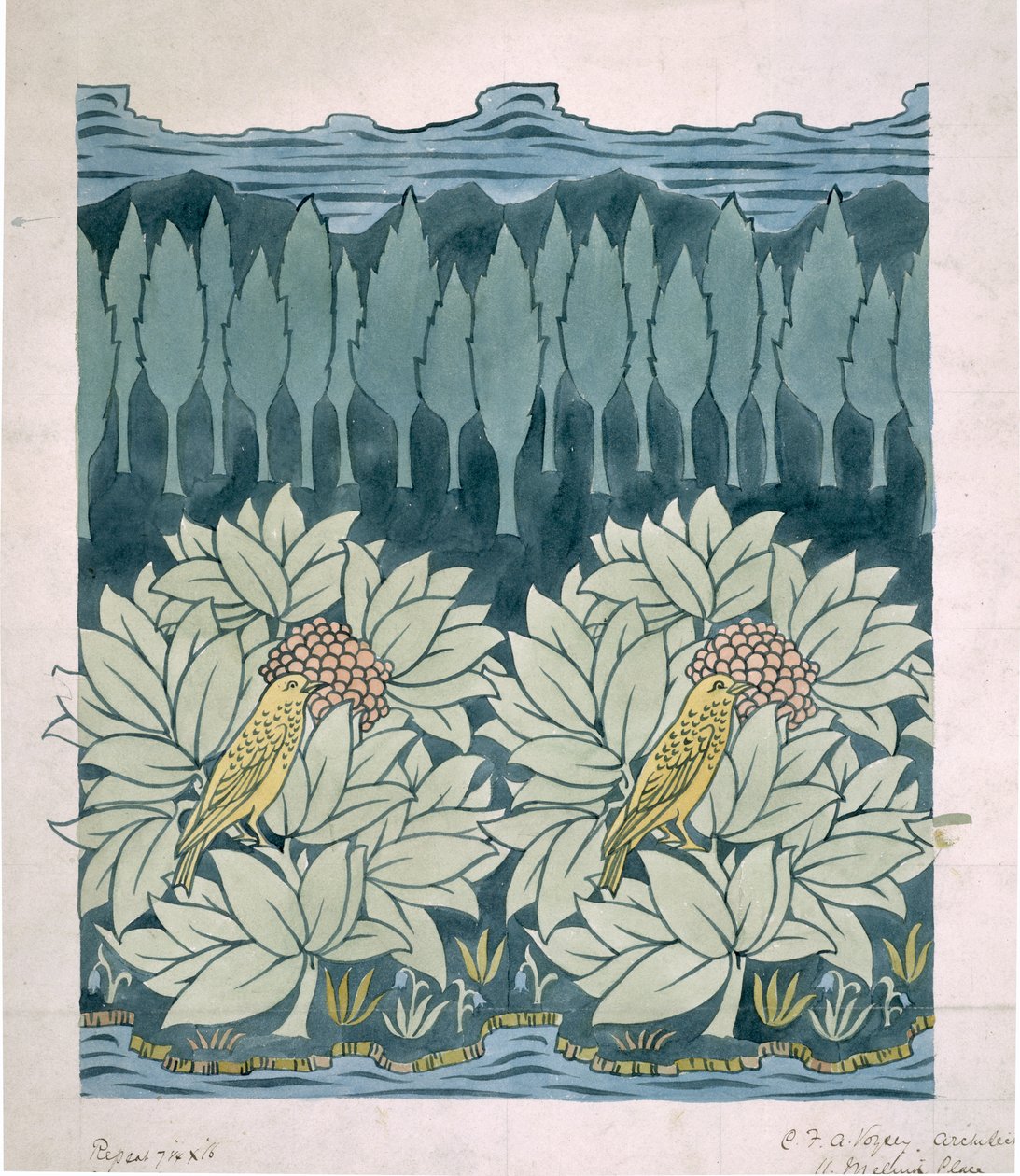 Linnut kuusien kanssa tekijältä Charles Francis Annesley Voysey