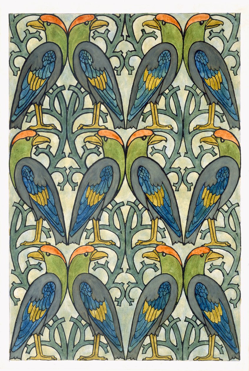 Papukaija design (wc ja kynä paperille) tekijältä Charles Francis Annesley Voysey