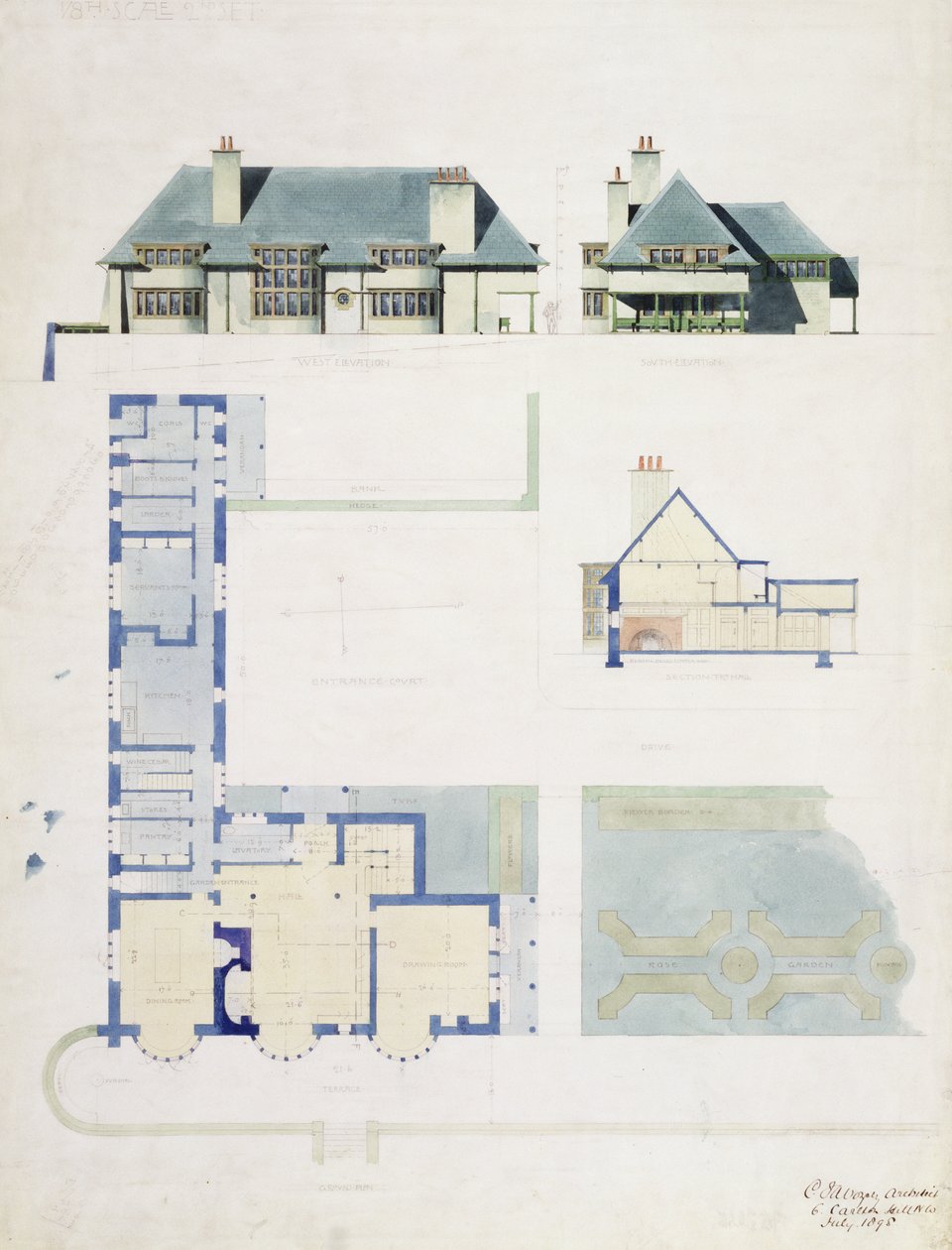 Suunnitteluehdotus Broad Leysille, Windermere, Arthur Currer Briggs Esq., 1898, (wc ja kynä paperille) tekijältä Charles Francis Annesley Voysey