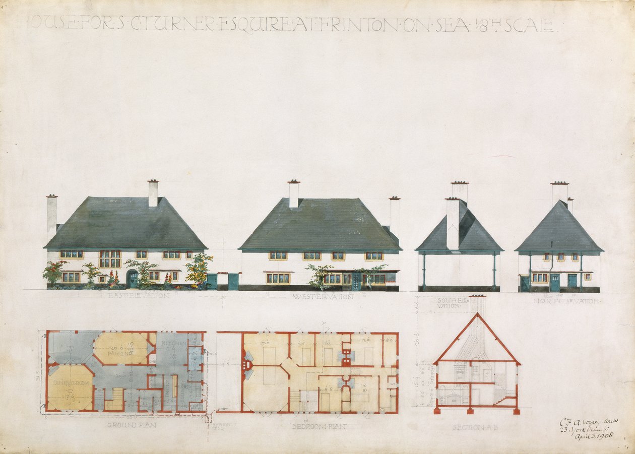 Ehdotettu talo C. Turner Esq. Frinton on Sealla, 1908 (wc ja kynä paperilla) tekijältä Charles Francis Annesley Voysey