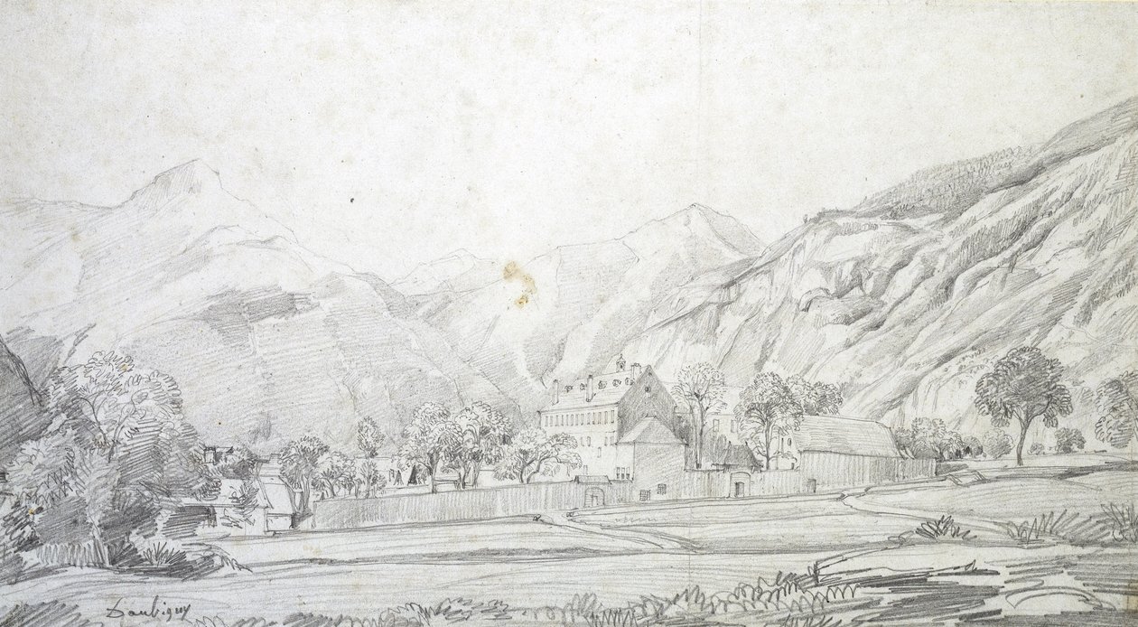 Näkymä rakennuksista muurien ympäröimässä aitauksessa ja vuoret taustalla (grafiitti valkoiselle paperiarkille) tekijältä Charles Francois Daubigny