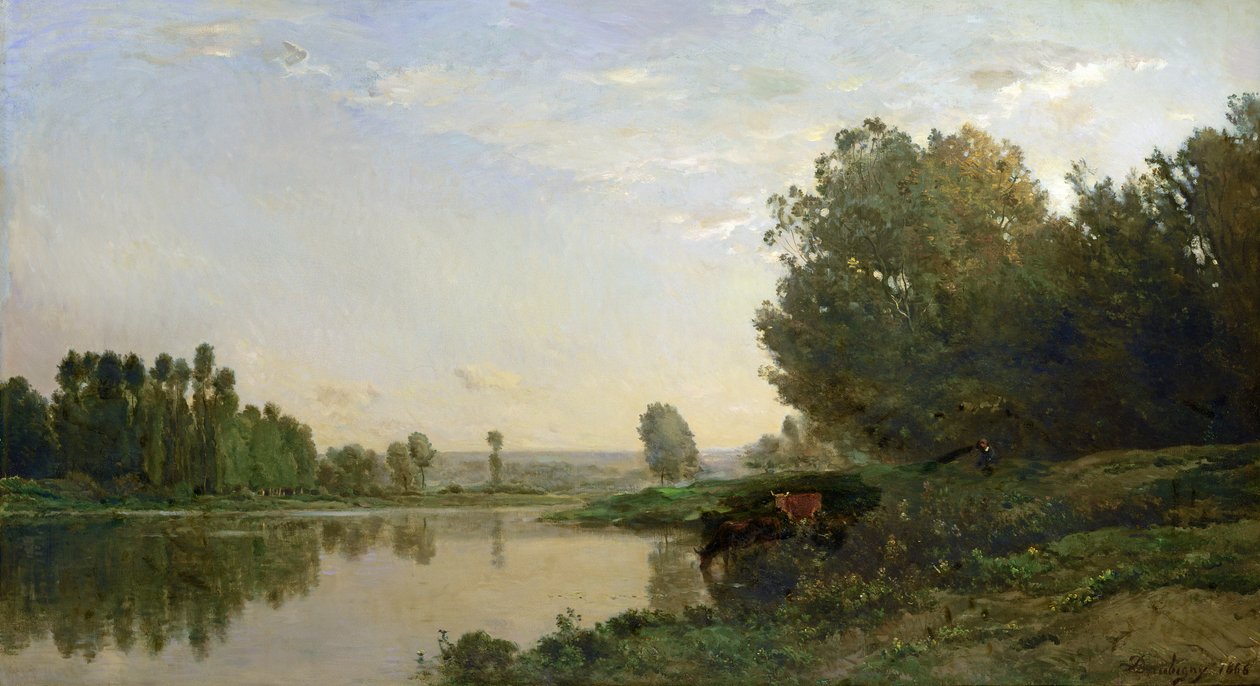 The Banks of the Oise, Aamu, 1866 tekijältä Charles Francois Daubigny