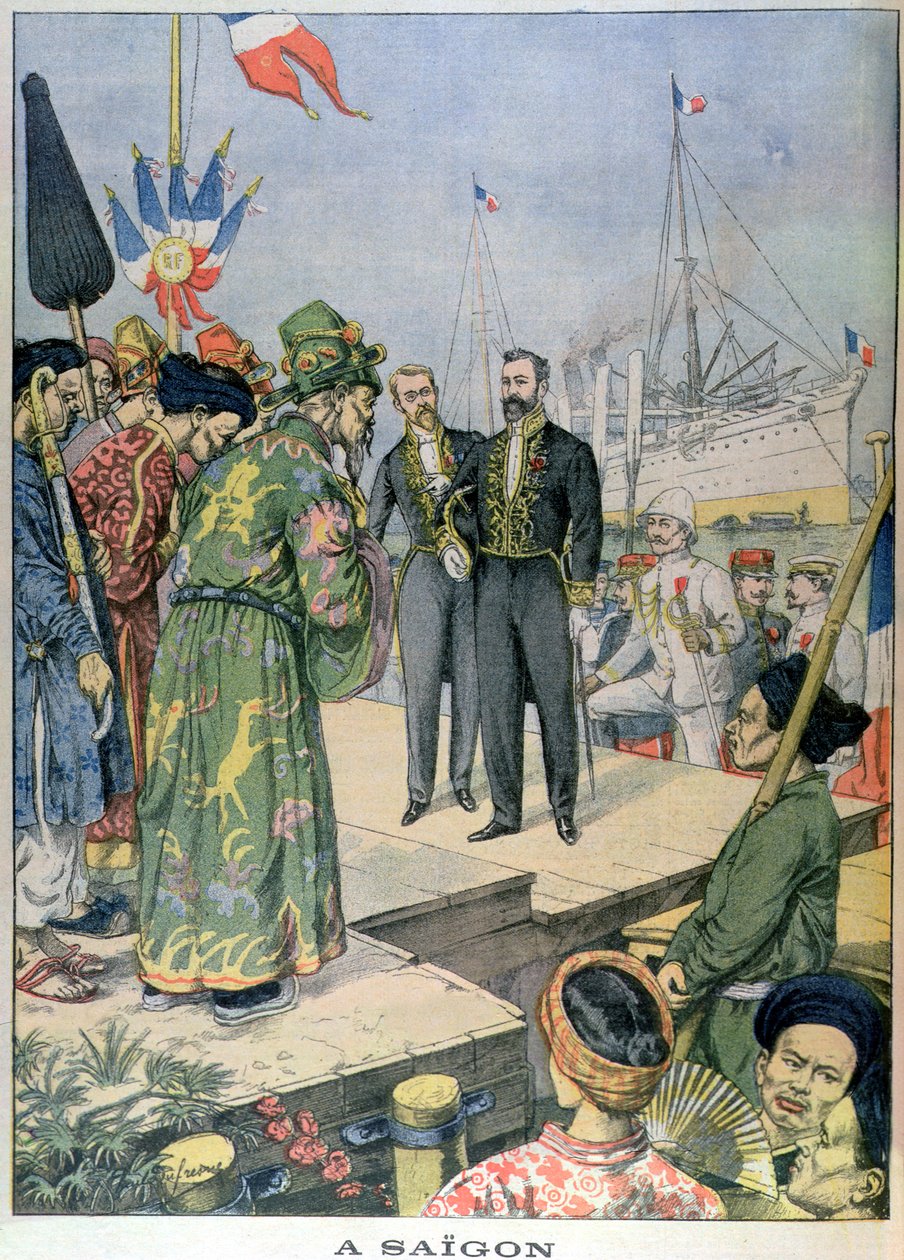 Indokiinan kenraalikuvernöörin Paul Beaun (1857-1927) saapuminen Saigoniin 1902-07, Le Petit Journal -lehdestä, marraskuu 1902 (värikaiverrus). tekijältä Charles Georges Dufresne