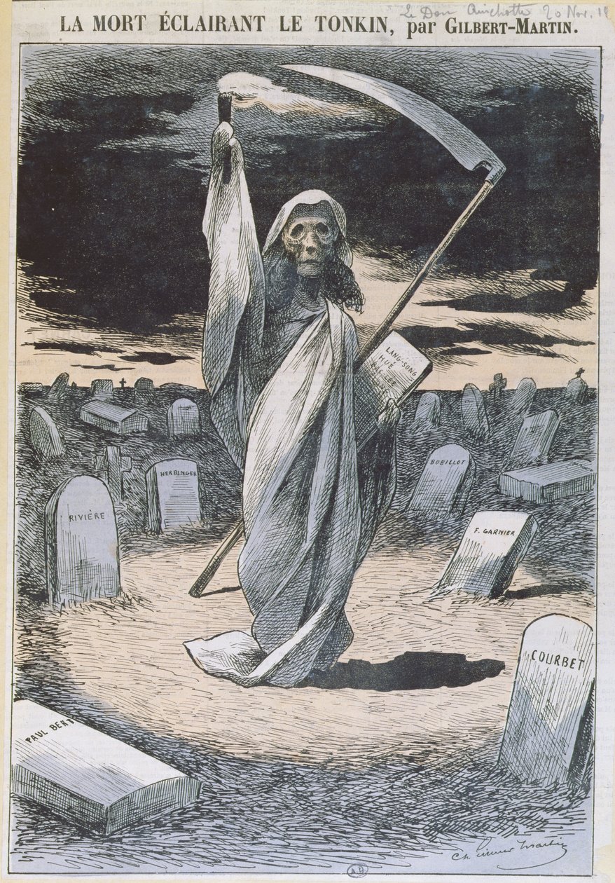 Kuolema valaisee Tonkinia, kuvitus "le Don Quichotte" -lehdestä, 20. marraskuuta 1884 tekijältä Charles Gilbert Martin
