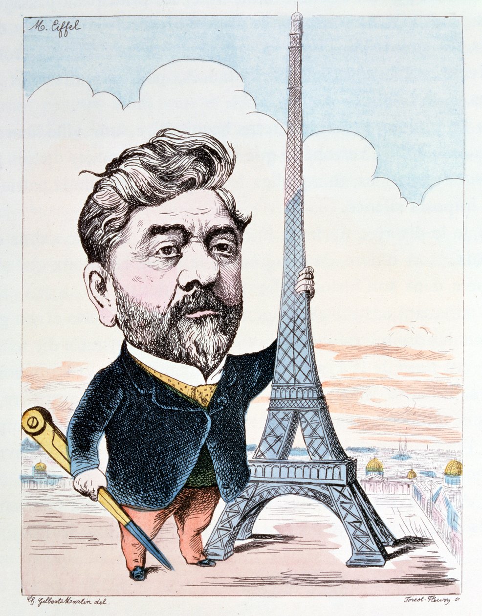 Gustave Eiffel (1832-1923) tunnetuimman rakennuksensa, Eiffel-tornin, kaivertaman Forest Fleuryn kanssa tekijältä Charles Gilbert Martin