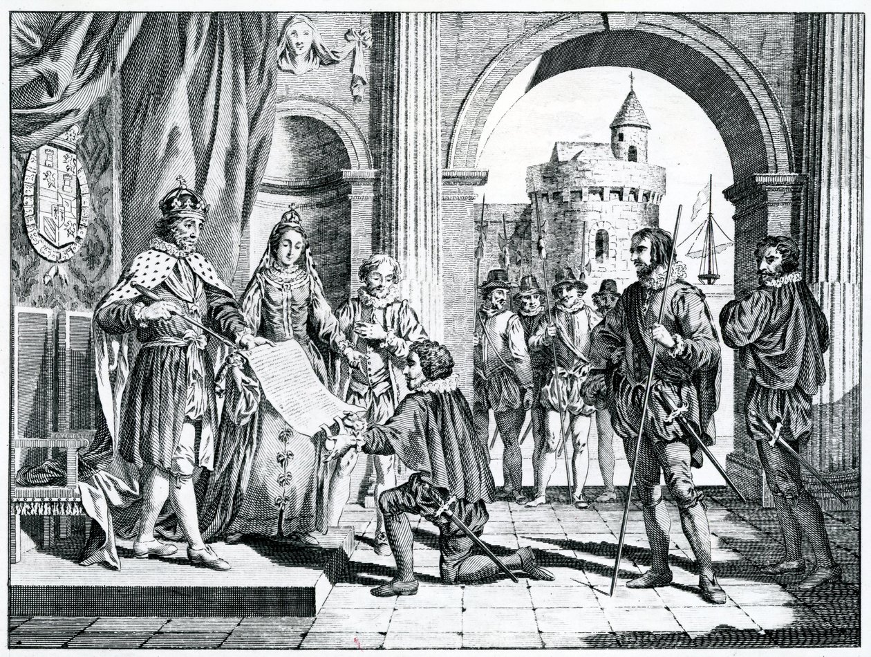 Kristoffer Kolumbus (1451-1506) esittelee Espanjan kuninkaalle ja kuningattarelle kertomuksen Amerikan löytämisestä tekijältä Charles Grignion