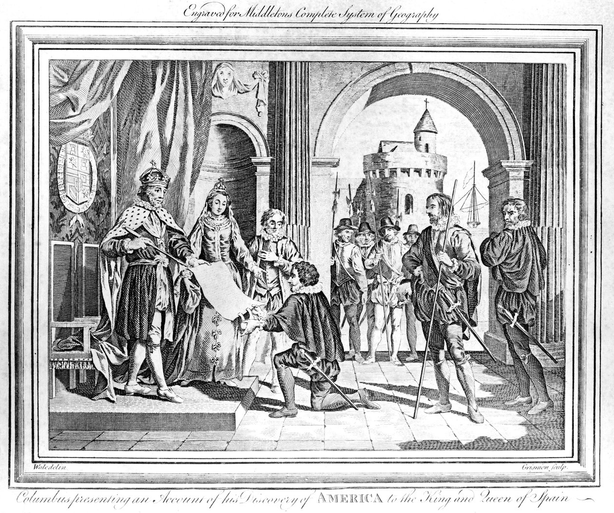 Kristoffer Kolumbus (1451-1506) esittelee Espanjan kuninkaalle ja kuningattarelle kertomuksen Amerikan löytämisestä tekijältä Charles Grignion