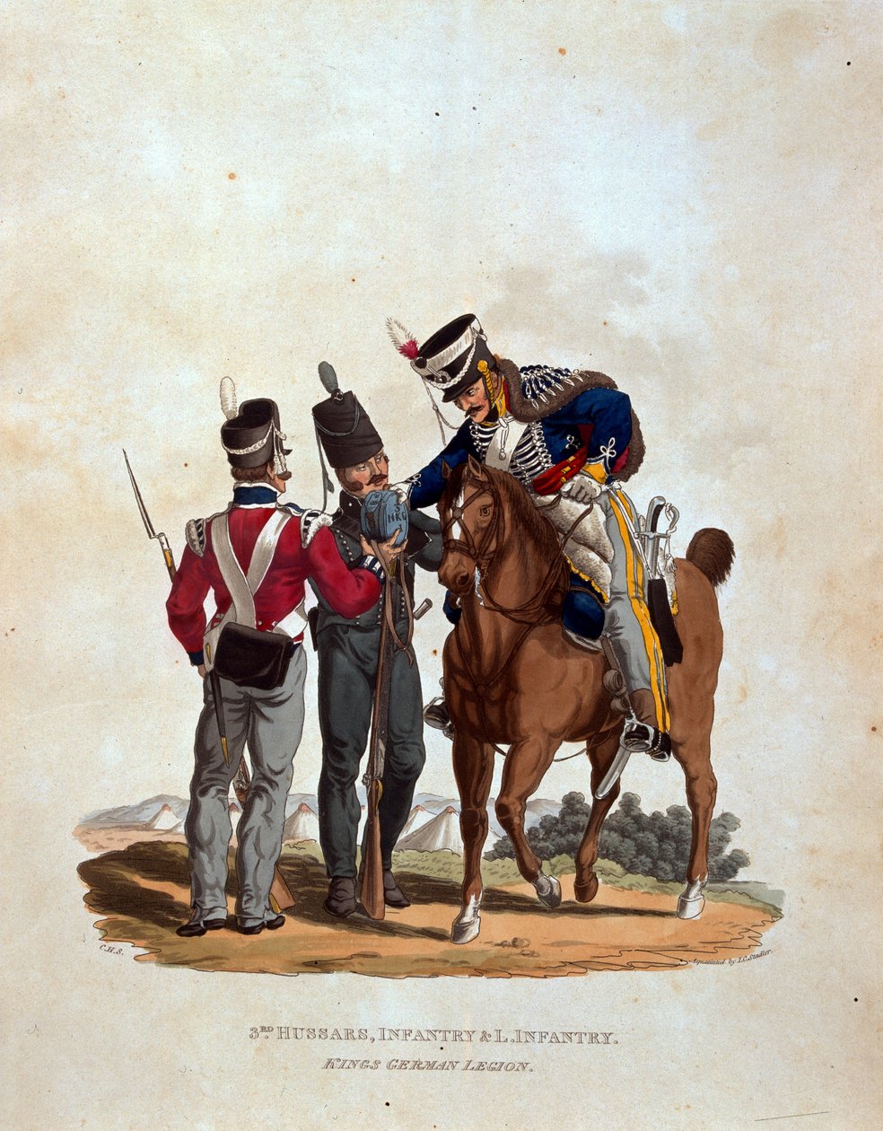 3. husaarit, jalkaväki ja kevytjalkaväki, kuninkaan saksalainen legioona, teoksesta "British Imperiumin armeijan puvut, viimeisten määräysten mukaan 1812", kaiverrettu J. C. Stadler, julkaisija Colnag tekijältä Charles Hamilton Smith