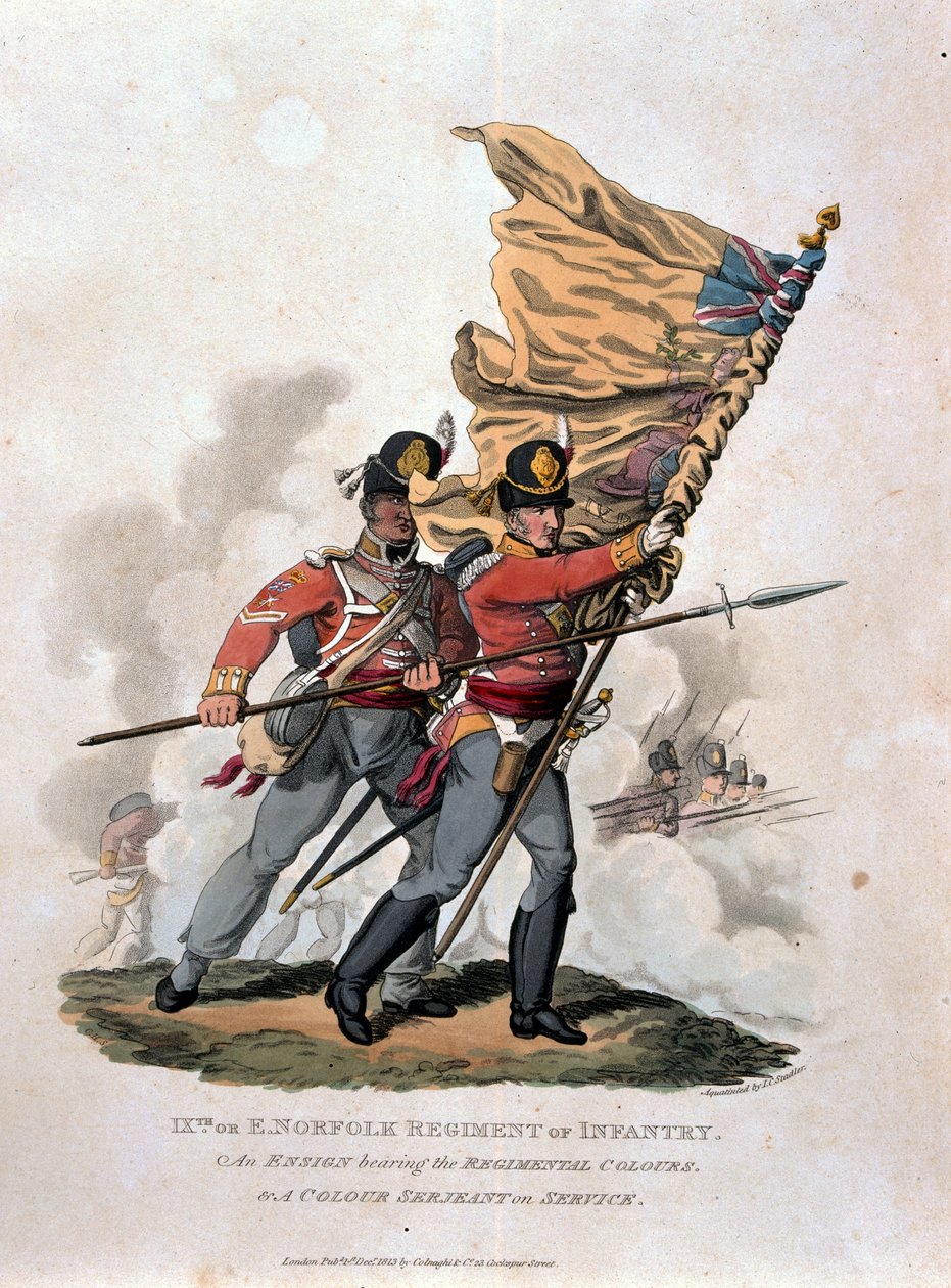 9th, eli E Norfolk Regiment of Infantry, teoksesta "British Imperiumin armeijan puvut, viimeisten säännösten mukaan 1812", kaiverrettu J.C. Stadler, julkaissut Colnaghi und Co. 1812-15 (väri) tekijältä Charles Hamilton Smith