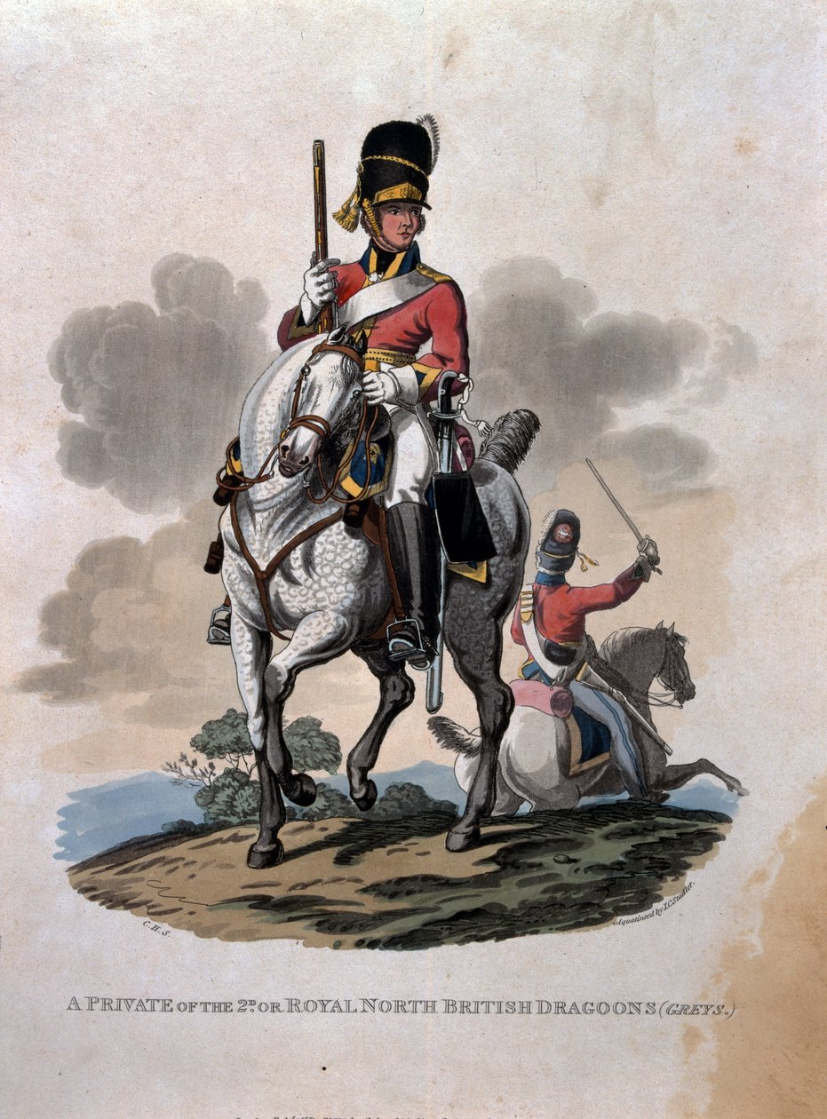 Private of the 2nd eli Royal Northern British dragoons (Greys) teoksesta "British Imperiumin armeijan puvut, viimeisten määräysten mukaan 1812", kaiverrettu J.C. Stadler, julkaisija Colna tekijältä Charles Hamilton Smith