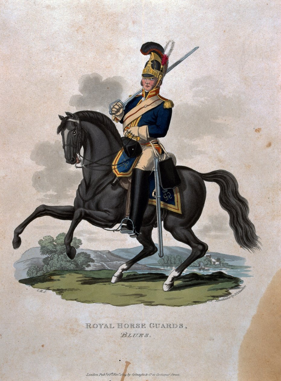Royal Horse Guardsin sotilas teoksesta "British Imperiumin armeijan puvut, viimeisten määräysten mukaan 1812", kaiverrettu J. C. Stadler, Colnaghi und Co. 1812-15 (väritetty tekijältä Charles Hamilton Smith