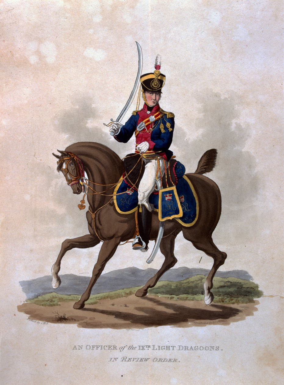 9. Light Dragons in Review Orderin upseeri, teoksesta "British Imperiumin armeijan puvut, viimeisten säännösten mukaan 1812", kaiverrettu J. C. Stadler, julkaisija Colnaghi und Co. 1 tekijältä Charles Hamilton Smith