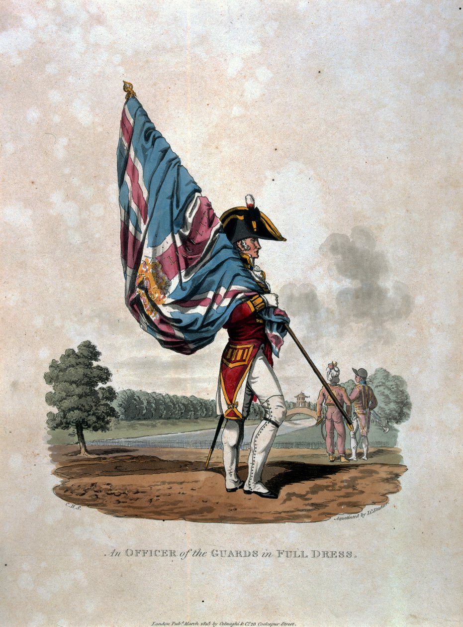 Kaartin upseeri kokopuvussa, teoksesta "Costumes of the Army of the British Empire, according to the last regulations 1812", kaiverrettu J.C. Stadlerin toimesta, julkaissut Colnaghi und Co. 1812-15 (väri: "An Officer of the Guards in Full Dress"). tekijältä Charles Hamilton Smith