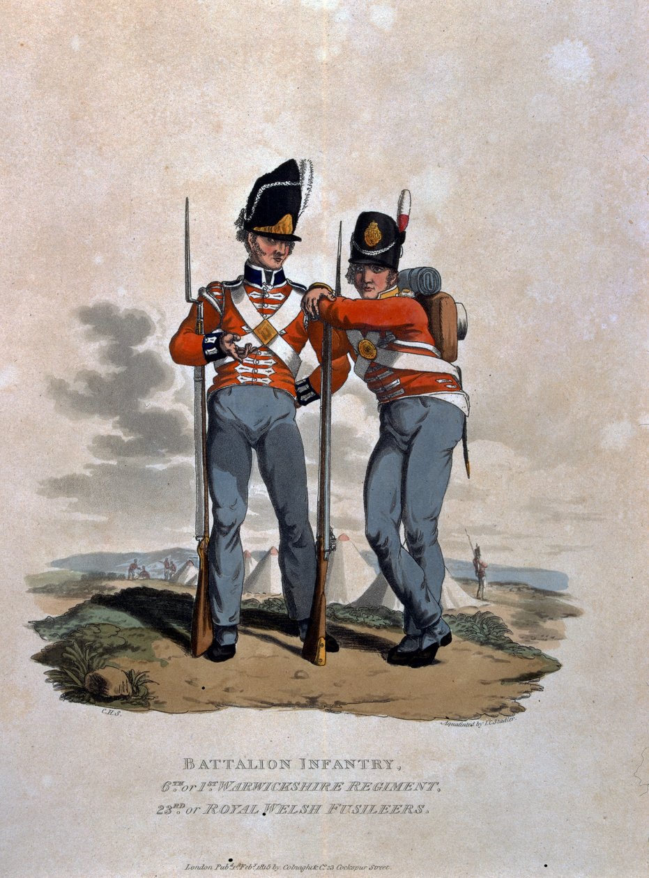 Pataljoonan jalkaväen 6. rykmentti ja 23. (tai Royal Welsh) Fusiliers, teoksesta "British Imperiumin armeijan puvut, vuoden 1812 viimeisten säännösten mukaan", kaiverrus J. C. Stadler, julkaisija C. tekijältä Charles Hamilton Smith